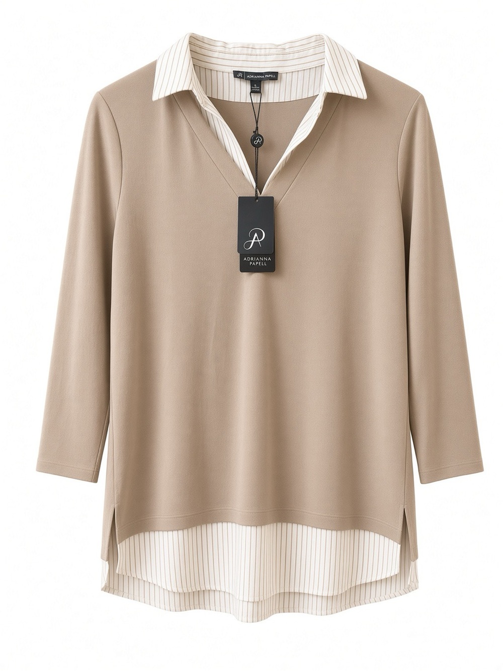 Adrianna Papell Taupe Layered V‑Neck Tunic with Striped Shirt Collar